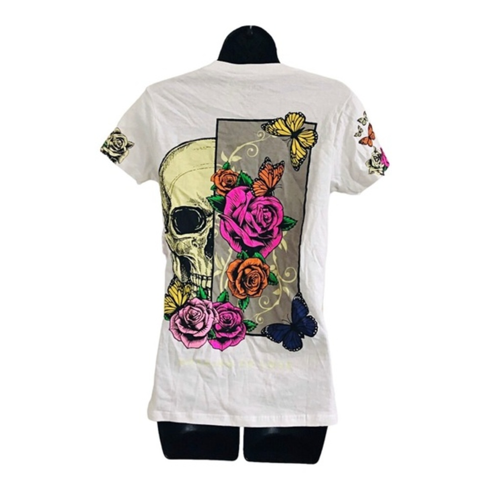 White butterfly floral skull Roses graphic‎ print t-shirt size small brand new - Picture 14 of 15